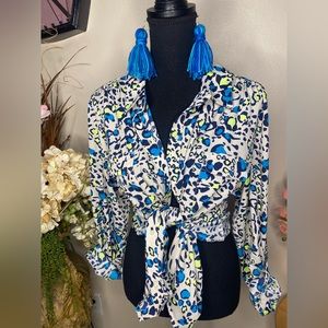 Attention Animal Print Blouse - Turquoise and Lime Green Size XL